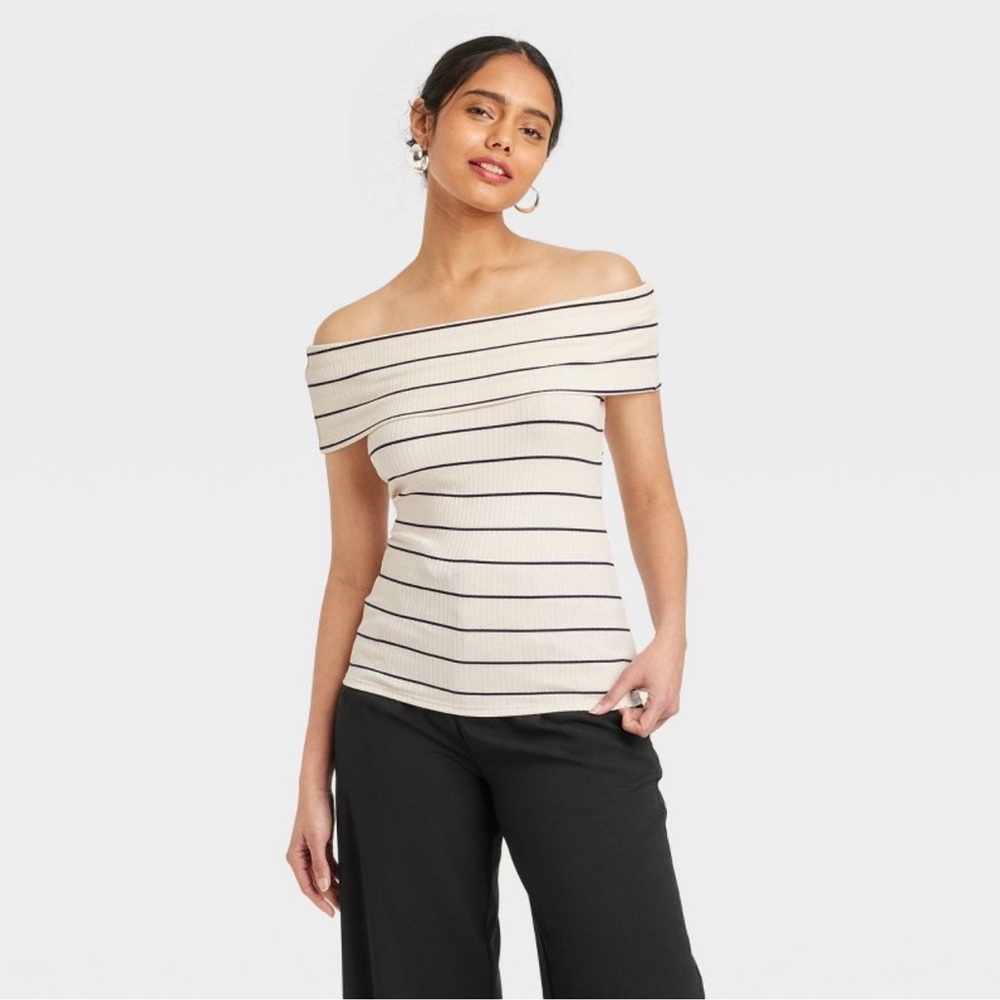Striped short sleeve off the shoulder top